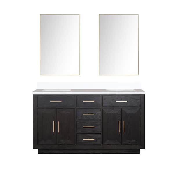 Condor 60 in. W x 22 in. D Black Oak Double Bath Vanity with White Quartz Top, and 28 in. Mirrors