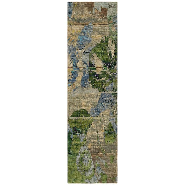 Taupe Blue and Green 2 ft. x 8 ft. Woven Floral Runner Indoor/Outdoor Area Rug