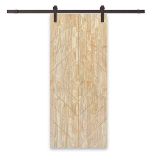 CALHOME Diamond 30 in. x 80 in. Fully Assembled Natural Pine Wood Unfinished Modern Sliding Barn Door with Hardware Kit