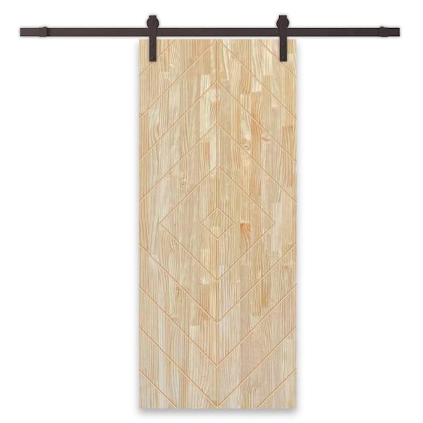 CALHOME Diamond 36 in. x 96 in. Fully Assembled Natural Solid Wood Unfinished Modern Sliding Barn Door with Hardware Kit
