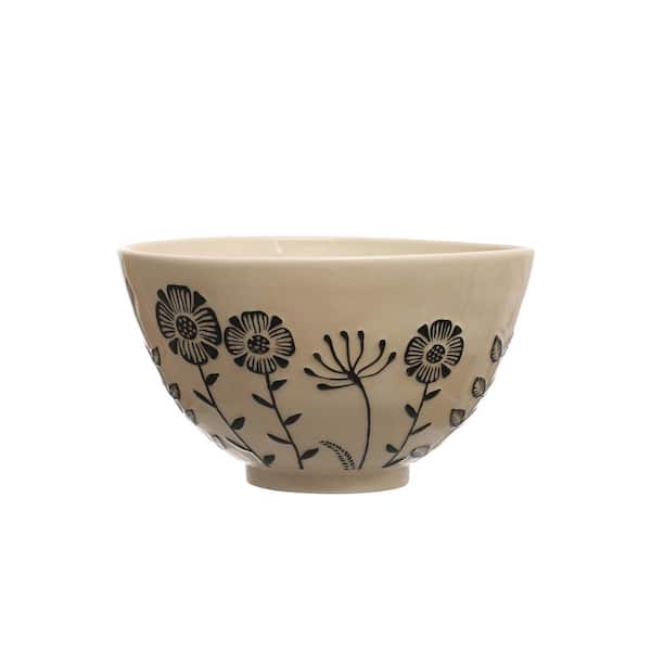 Storied Home 12.25 in. 247 fl.oz Beige & Black Embossed Flowers Stoneware Serving Bowl