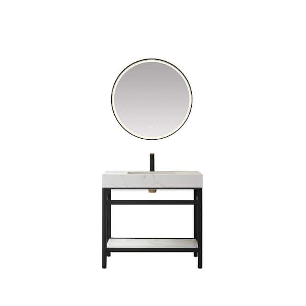 ROSWELL Funes 36 in. W x 22 in. D x 34 in. H Single Sink Bath Vanity in Matt Black with White Natural Stone Top and Mirror