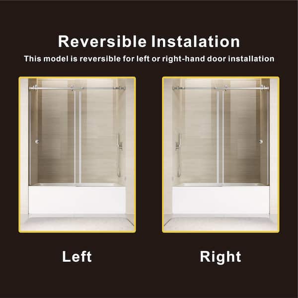 UKS09 56 to 60 in. W x 66 in. H Single Sliding Frameless Bathtub Door in Brushed Nickel with EnduroShield Clear Glass
