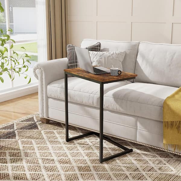 C-shaped End Table Vintage Accent Couch Table w/ Heavy-duty Metal Frame Brown