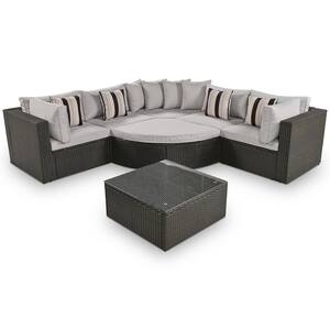 7-Piece Brown Wicker Outdoor Sectional Set with Colorful Pillows and Light Gray Cushions