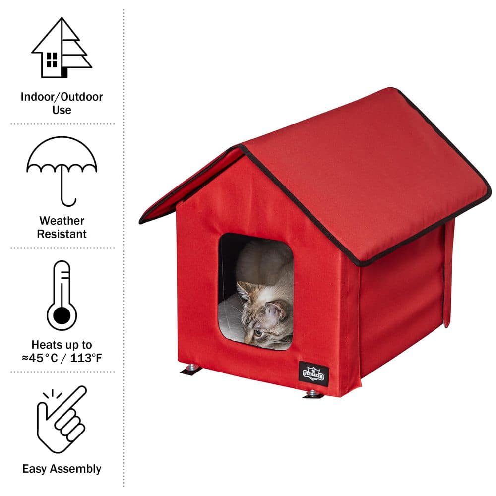 Red Heated Cat House with Sherpa Pad and Zippered Roof