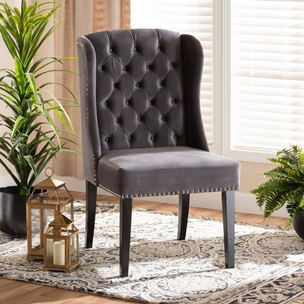 Elevate 42" Grey Velvet & Wood Wingback Dining Chair with Nailhead Trim