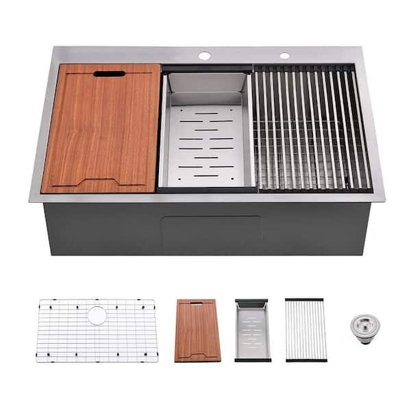 33 in Drop-in Single Bowl Stainless Steel Kitchen Sink with Bottom ...