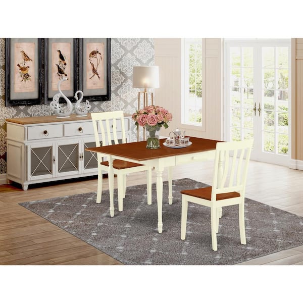 East West Furniture 3-Piece Buttermilk and Cherry Finish Rectangular Solid Wood Top With Dropleaf Dining Table Set