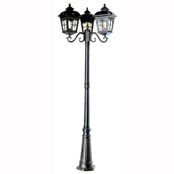 Bel Air Lighting Briarwood 7 ft. 3-Light Black Outdoor Lamp Post Light Fixture Set with Water Glass