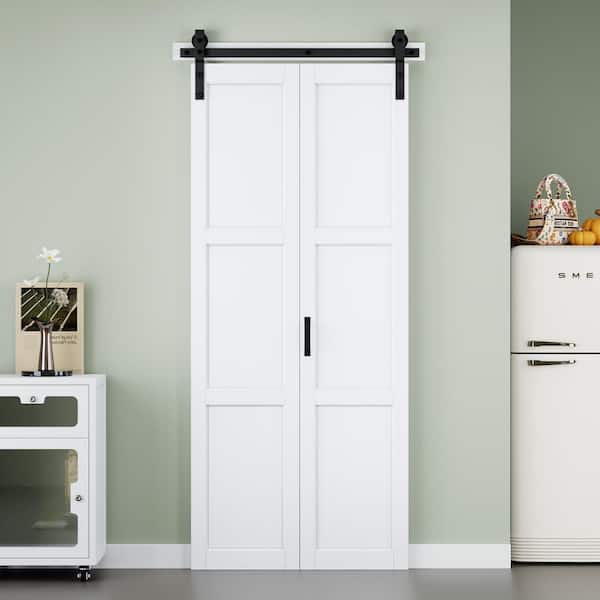 36 in. x 84 in. Easy Install 3-Panel White Primed Solid Core MDF Composite Bi-Fold Sliding Barn Door with Hardware Kit