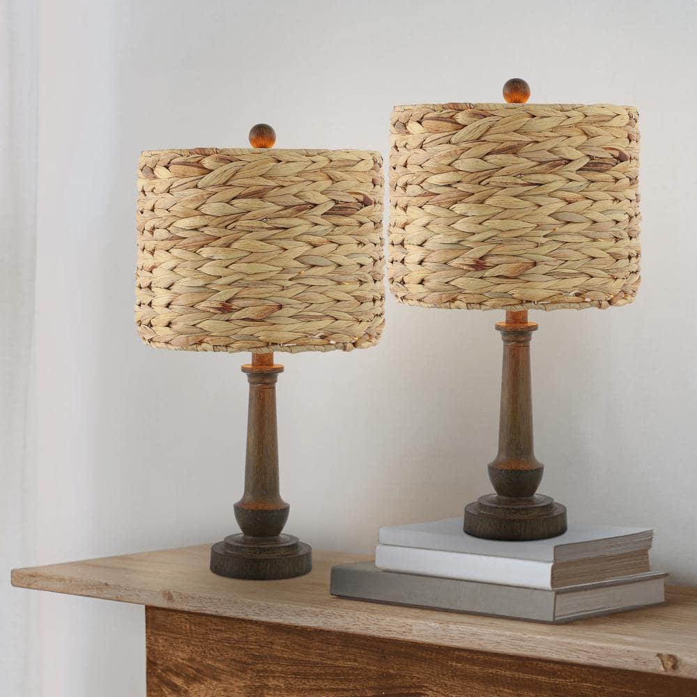 Theodore 21" Brown Resin Table Lamp Set with Handwoven Rattan Shade