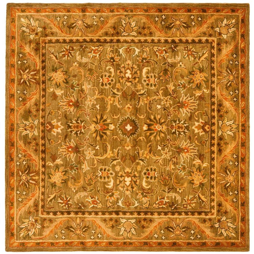 Olive and Gold 8' Square Handmade Wool Floral Area Rug