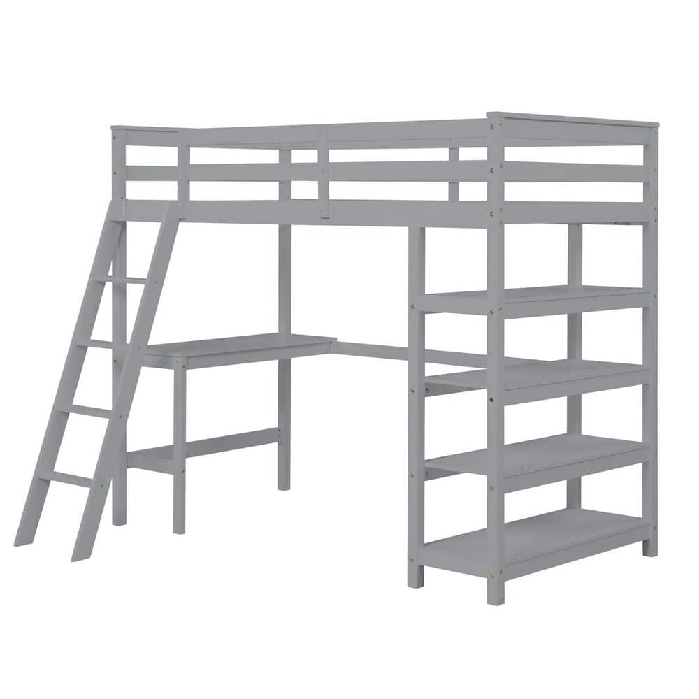 ANBAZAR Gray Twin Loft Bed with Bookshelves and Desk Sturdy Wooden Kids Loft Bed Frame with