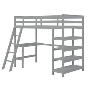 Gray Twin Loft Bed with Bookshelves and Desk Sturdy Wooden Kids Loft Bed Frame with Ladder Wood Kids Loft Bed