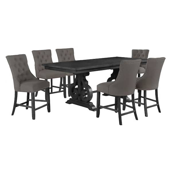 Best Quality Furniture Elias 7-Piece Rectangle Counter Height Dining Set with Gray Linen Fabric Chairs.