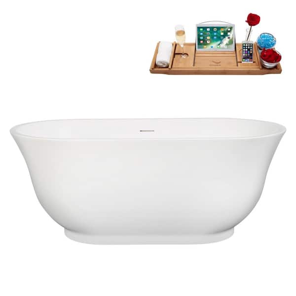 59 in. x 29 in. Acrylic Freestanding Soaking Bathtub in Glossy White with Brushed Gold Drain, Bamboo Tray