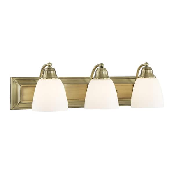 Livex Lighting Fairbourne 24 in. 3-Light Antique Brass Vanity Light with Satin Opal White Glass