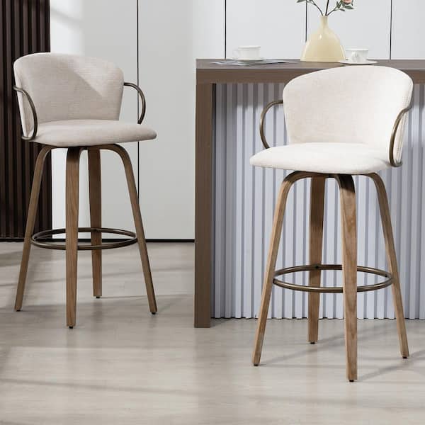 Bette Beige Washed Woven Fabric Swivel Bar Stool with Wood Legs and Copper Iron Arms (Set of 2)