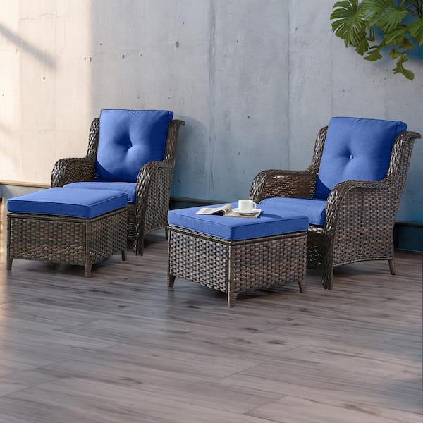 moosprr 4-Piece Patio Brown Wicker Outdoor Chat Sets with Blue Olefin Cushions and Matching Ottomans