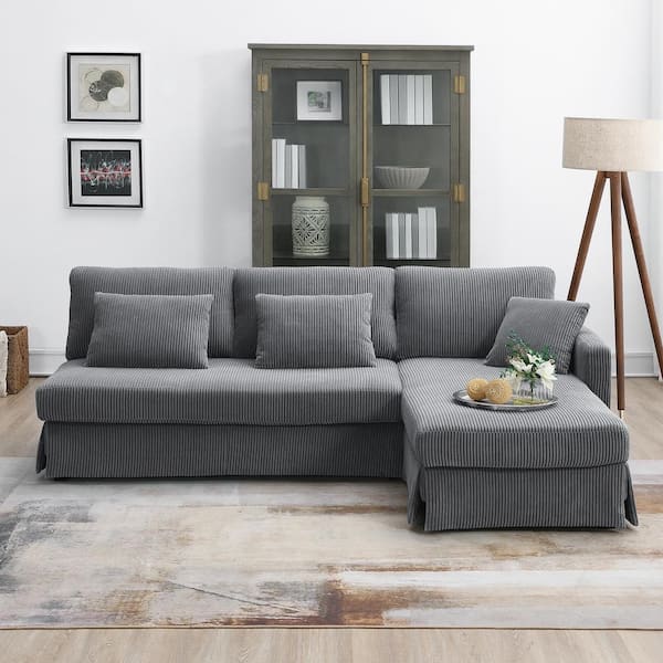 sumyeg 87 in. L-Shaped Corduroy Sectional Sofa in. Gray with Reversible Chaise