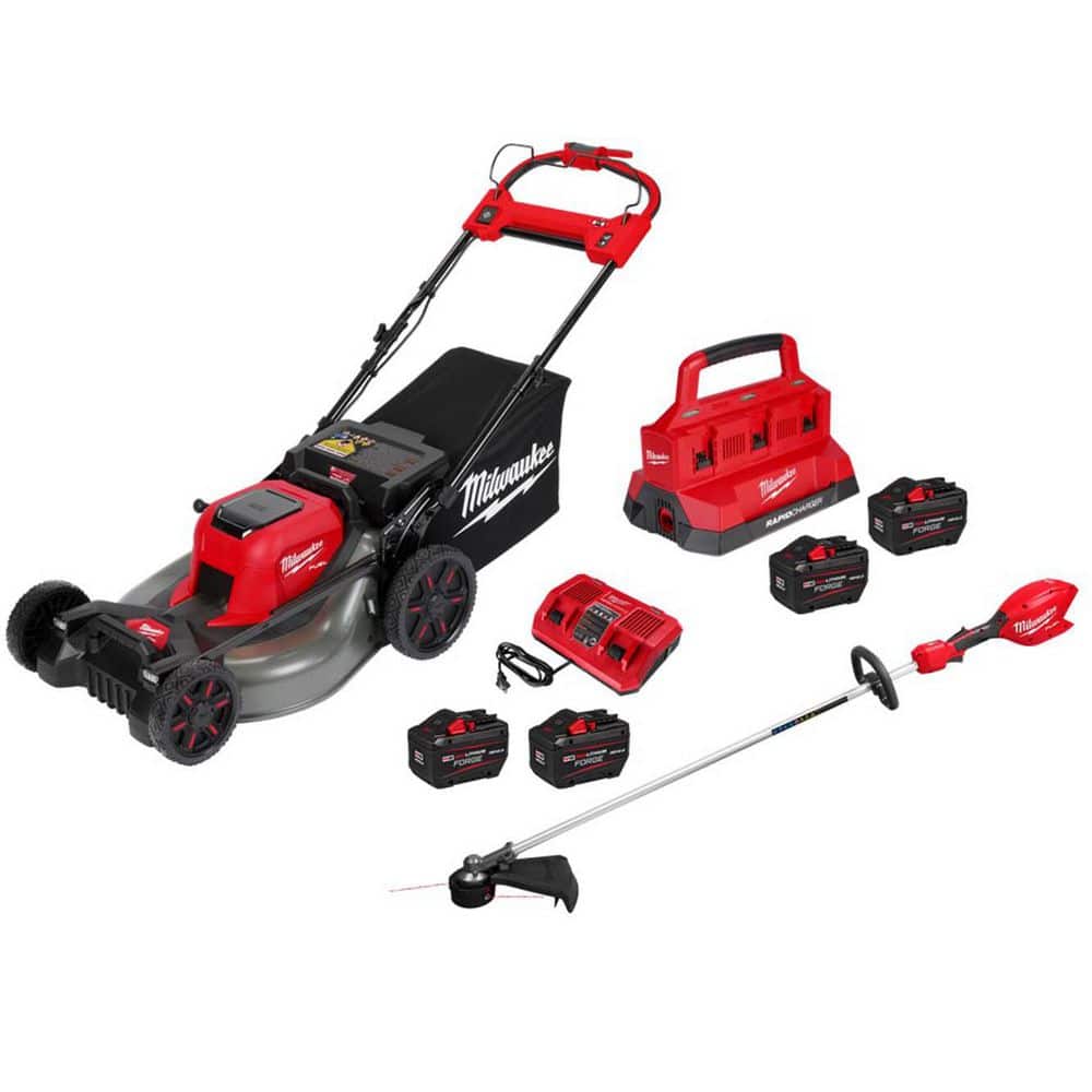 MILWAUKEE M18 FUEL Cordless 21 in. Walk Behind Dual Battery Self-Propelled Mower w/ String Trimmer, (4) Battery, (2) Charger (2823-42F46)
