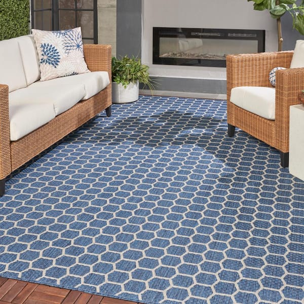 Reversible Indoor Outdoor Blue 9 ft. x 12 ft. Honeycomb Contemporary Area Rug