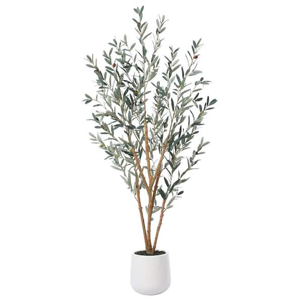 DR.Planzen 6 ft. Fake Olive Tree with Oval White Planter, Faux Olive Plants with Realistic Leaves and Natural Trunk