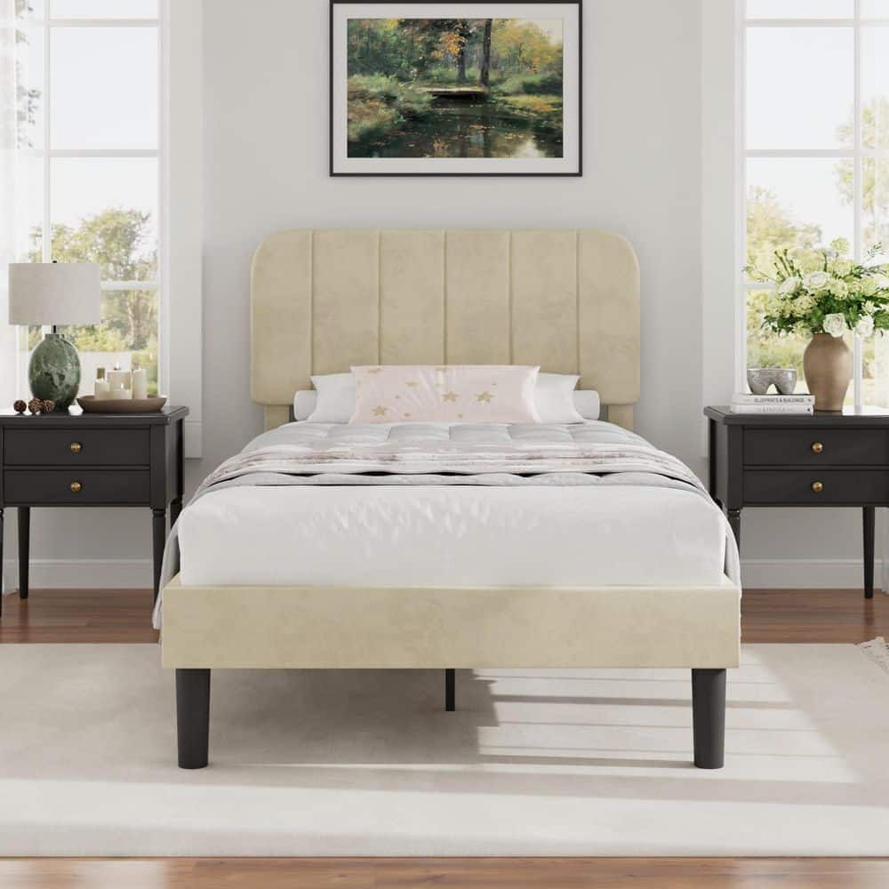 Upholstered Bed Frame, Twin Platform Bed Frame with Adjustable Headboard, Strong Wooden Slats Support, Beige price history on PriceWatchPro