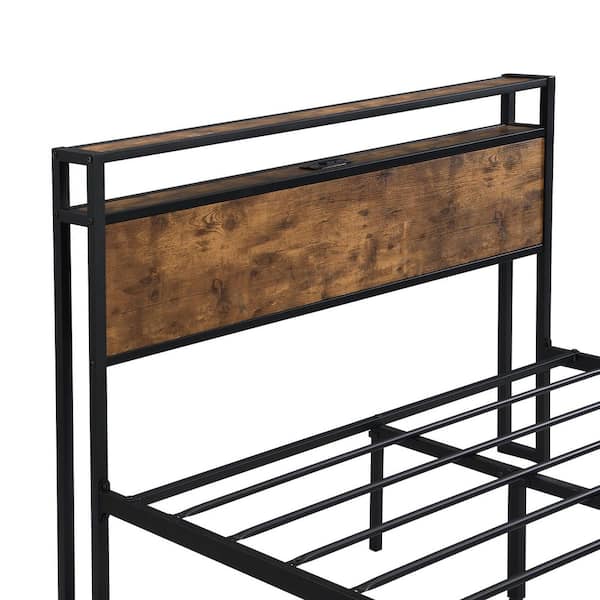 Black Metal Frame King Size Platform Bed with Wood Headboard and Footboard with USB LINER