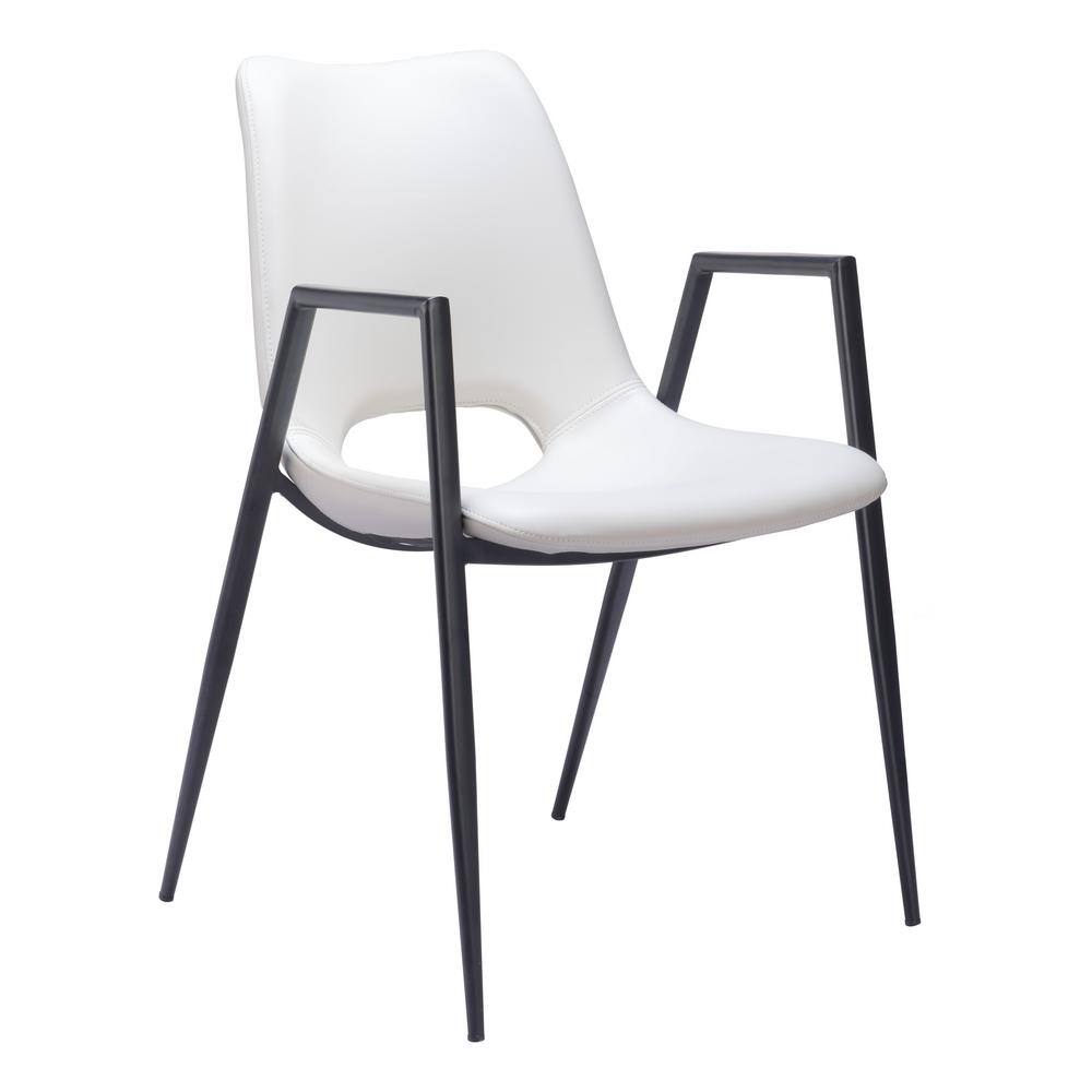 White Faux Leather Upholstered Arm Chair with Black Metal Legs