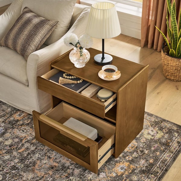 Junius Modern Light Walnut 2 Drawer Nightstand with Outlet Hole, Open Shelf and Glass Drawer