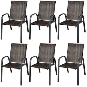 Set of 6 Patio Rattan Dining Chairs Stackable Armrest Garden Mix Brown