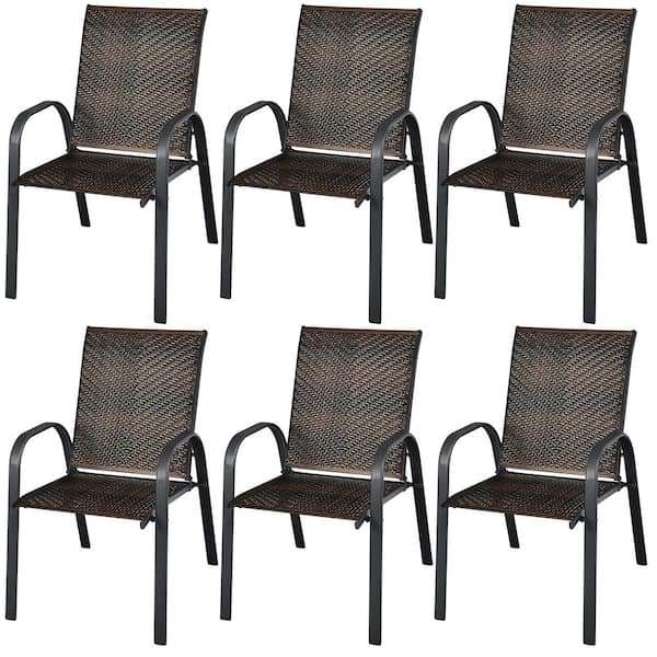Costway Set of 6 Patio Rattan Dining Chairs Stackable Armrest Garden Mix Brown