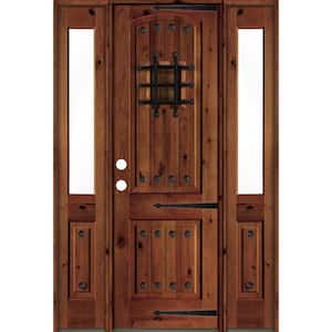 58 in. x 96 in. Medit. Knotty Alder Right-Hand/Inswing Clear Glass Red Chestnut Stain Wood Prehung Front Door w/DHSL