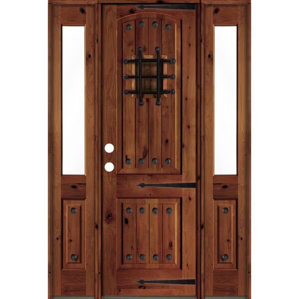 58 in. x 96 in. Medit. Knotty Alder Right-Hand/Inswing Clear Glass Red Chestnut Stain Wood Prehung Front Door w/DHSL