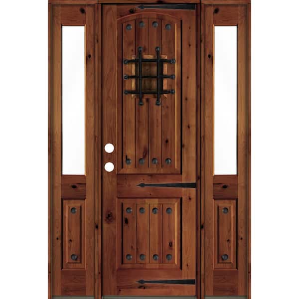 Krosswood Doors 60 in. x 96 in. Medit. Knotty Alder Right-Hand/Inswing Clear Glass Red Chestnut Stain Wood Prehung Front Door w/DHSL