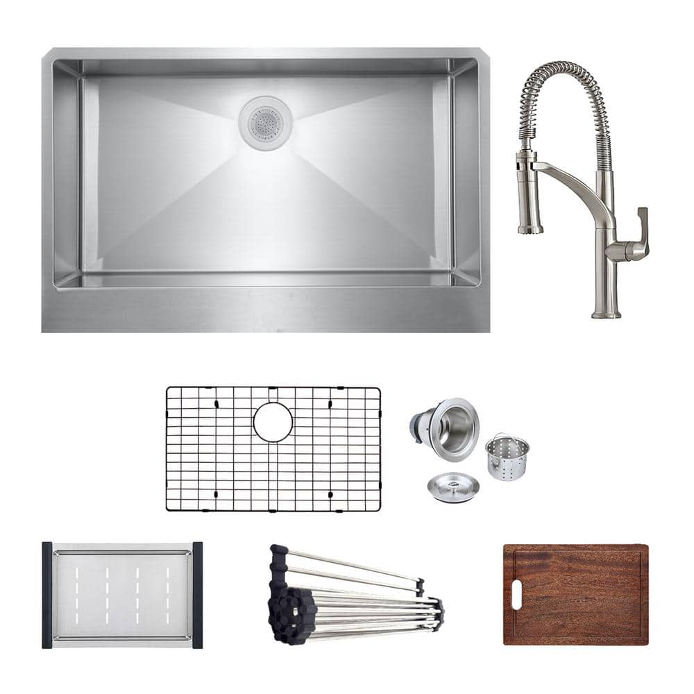 Bryn Stainless Steel 16-Gauge 33 in. Single Bowl Farmhouse Apron Kitchen Sink Workstation with Deluxe Faucet, Grid/Drain -  PELHAM & WHITE, PWW230-B