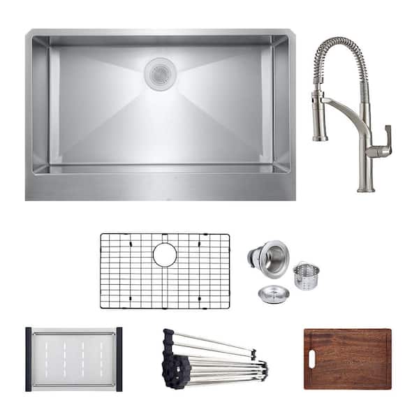PELHAM & WHITE Bryn Stainless Steel 16-Gauge 33 in. Single Bowl Farmhouse Apron Kitchen Sink Workstation with Deluxe Faucet, Grid/Drain