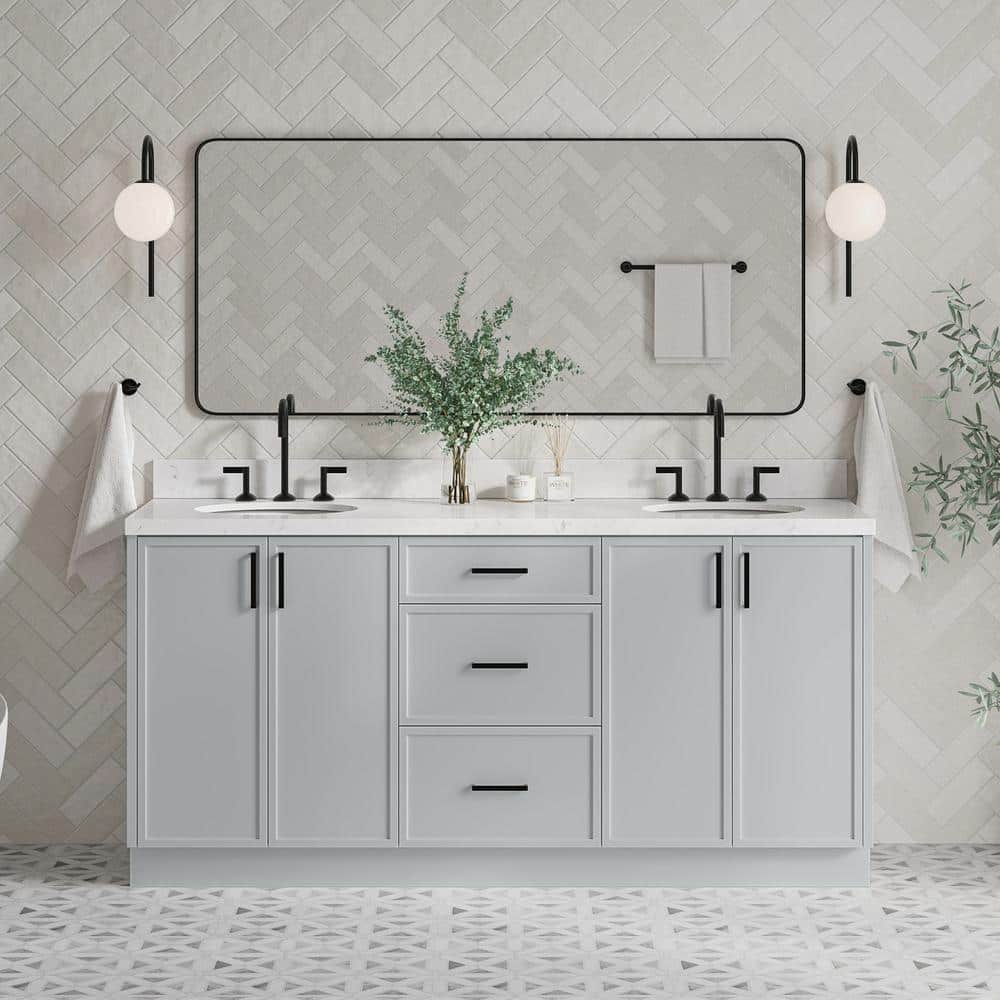 Gray Solid Wood Double Sink Bathroom Vanity with Carrara Quartz Top
