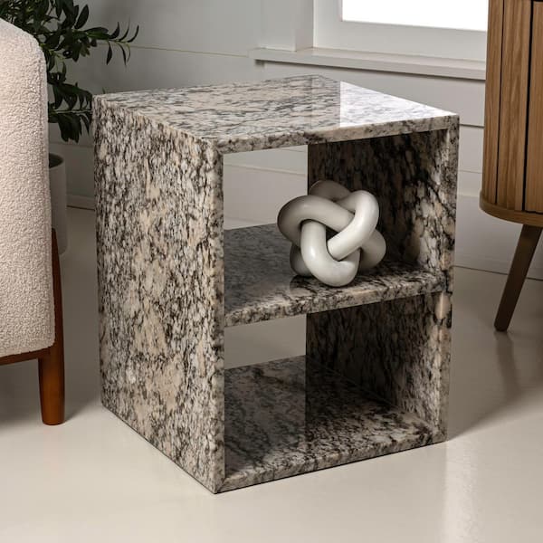 JONATHAN Y Sloane 16 in. Beige/Dark Taupe Modern Natural Marble Handmade Rectangular Square 2-Shelf End Table