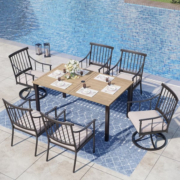 PHI VILLA 7-Piece Metal Patio Outdoor Dining Set with Brown Slat Table-Top and Swivel Chairs with Beige Cushion