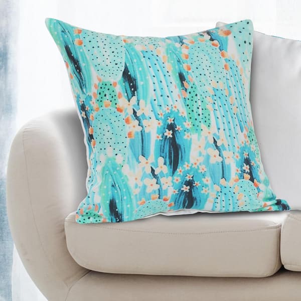 Unbranded Blooming Cactus Blue Floral Hypoallergenic Polyester 18 in. x 18 in. Throw Pillow