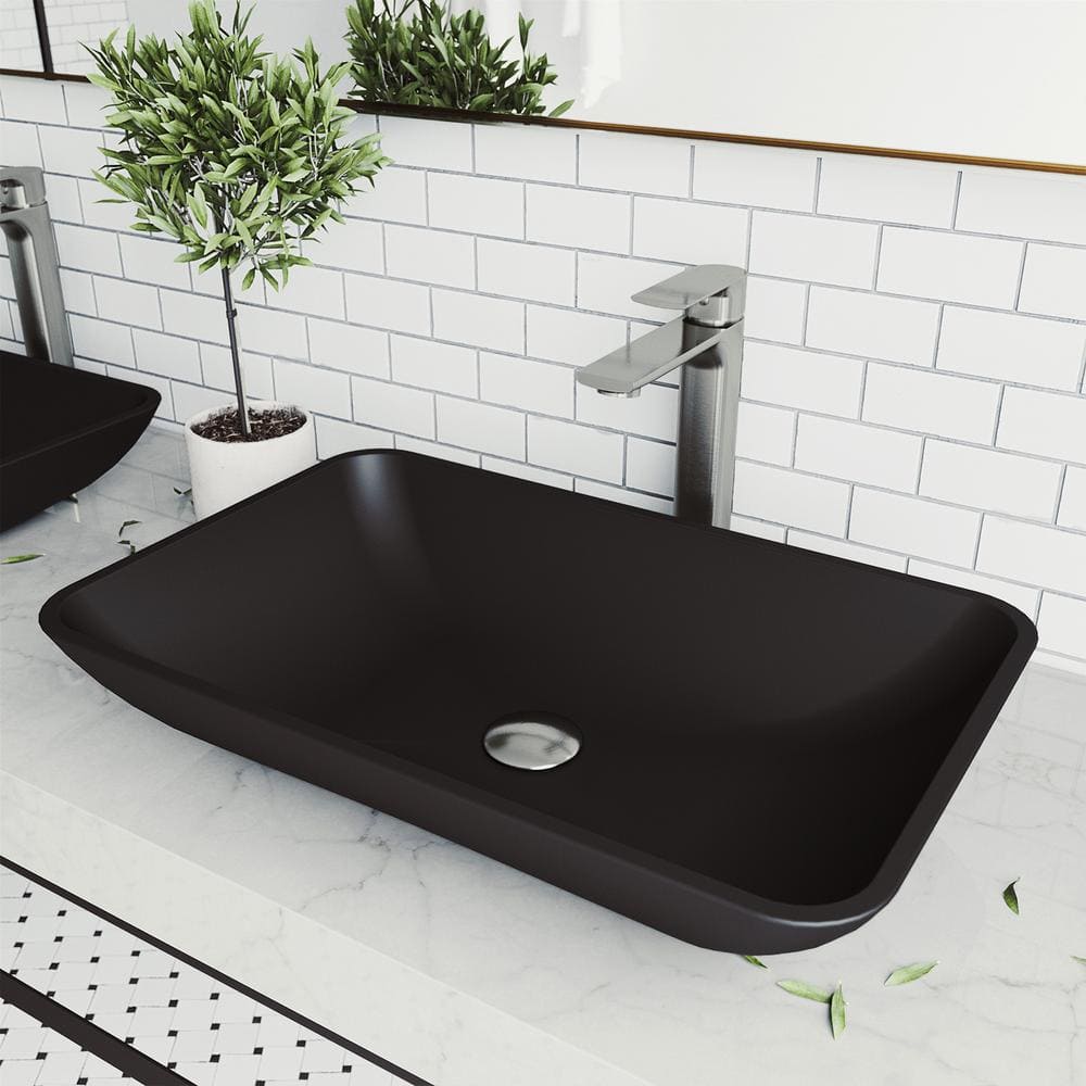 Hadyn Modern Black Matte Shell Glass 22 in. L x 14 in. W x 4 in. H Rectangular Vessel Bathroom Sink -  VIGO, VG07112