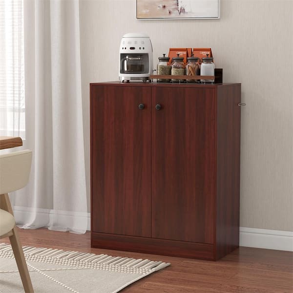 Costway 2-Door Brown 33.5 in. H Storage Cabinet Freestanding Storage Organizer with 3-Tier Shelf Entryway