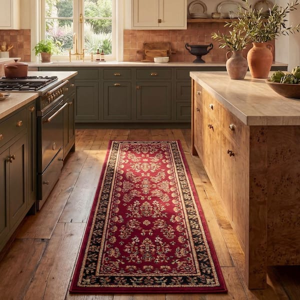 Lyndhurst 2 ft. x 20 ft. Red/Black Border Antique Floral Runner Rug