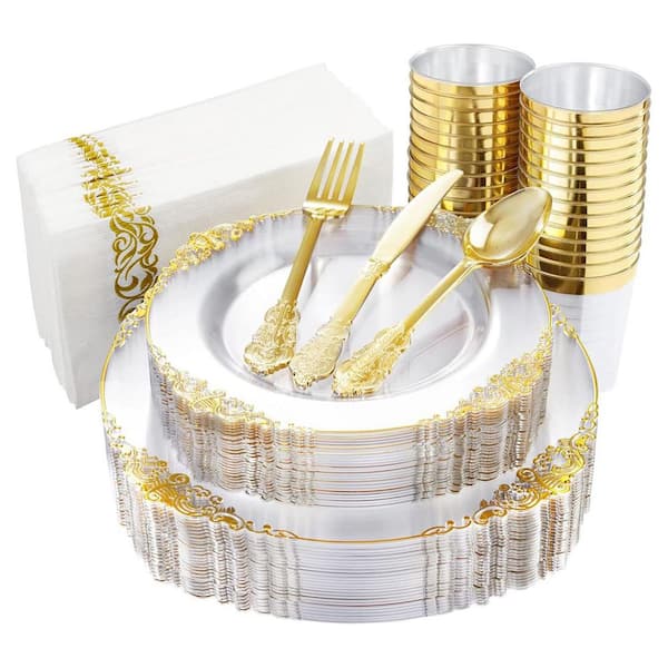 Adrinfly Clear Gold Plastic Plates - Disposable Dinnerware Set for 25-Guests (175-Piece)
