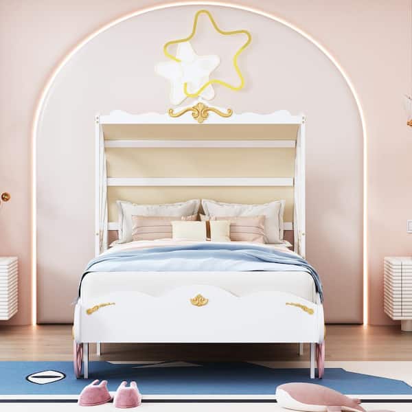 Harper & Bright Designs White and Pink Twin Size Wooden Magnificent Carriage Bed, Car Shaped Platform Bed with Canopy and 3D Carving Pattern