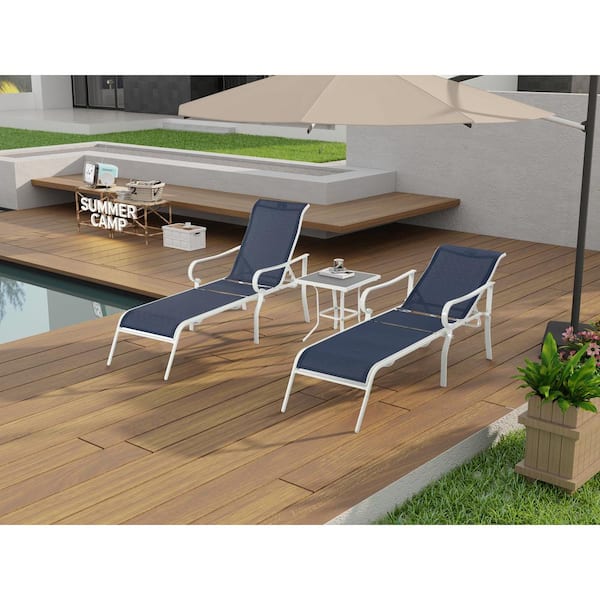 Unbranded 3-Piece Patio Steel White Frame Blue Chaise Lounge Chair with 5 Adjustable Backrest