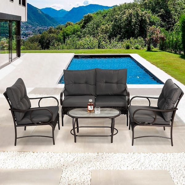 Tenleaf 4-Piece Wicker Outdoor Sofa Sectional Set Conversation Set with Gray Cushions